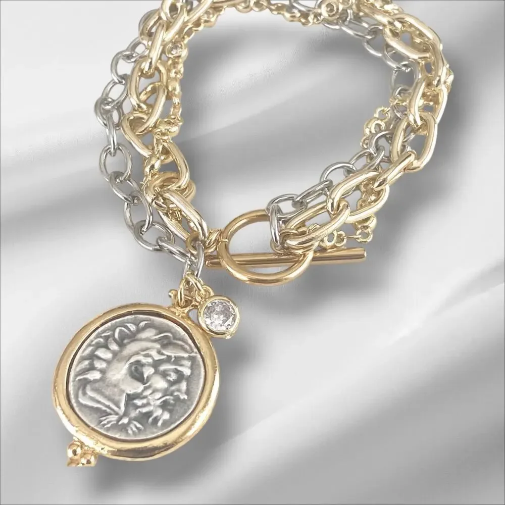 Triple Layer Greek Coin Bracelet, Horse Coin Charm, Mixed Metal Bracelet - Picture 6 of 9